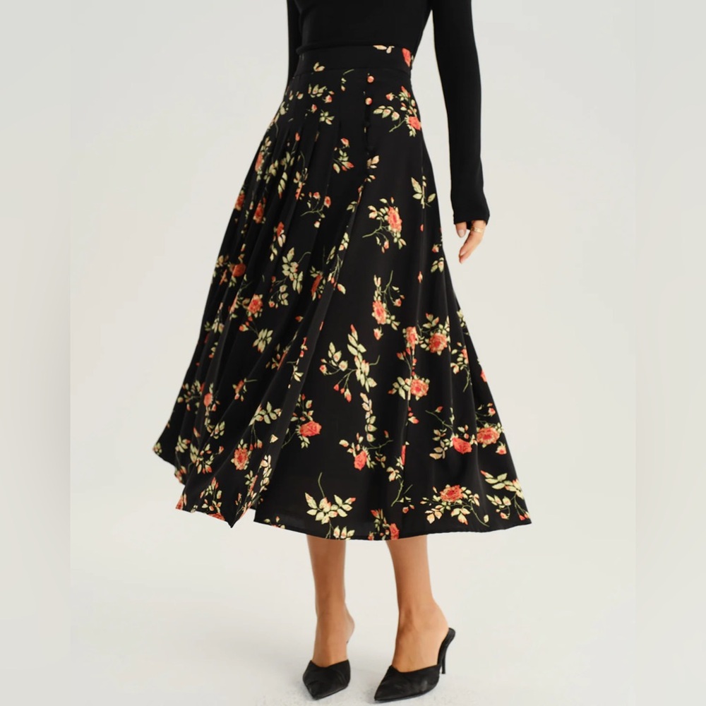 RIHOAS Black Floral A-Line Midi Skirt XS